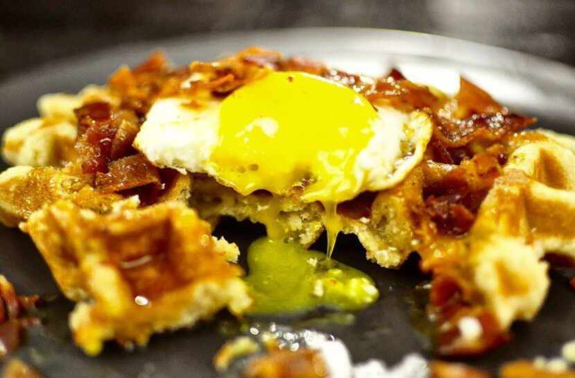 The American, a Belgian liege waffle with bacon, syrup and a fried egg.