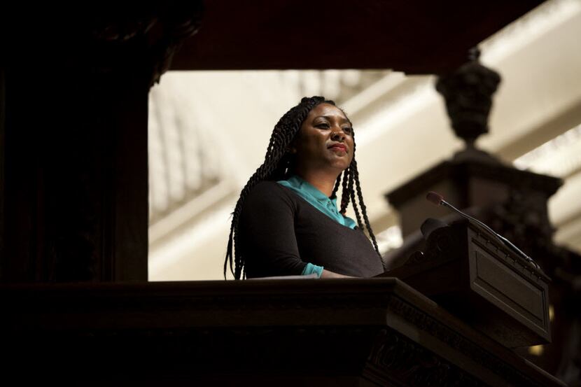 Alicia Garza, who popularized the phrase Black Lives Matter on social media, speaks after...