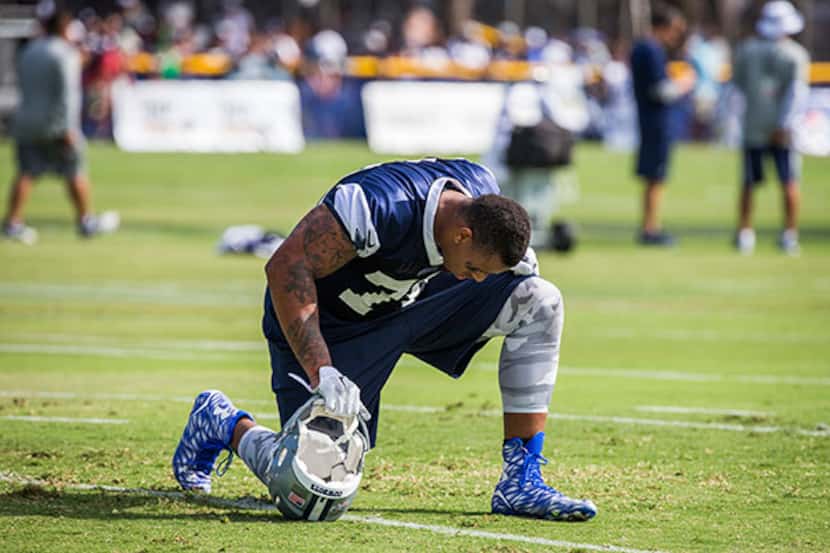 Cowboys defensive lineman Greg Hardy during the first afternoon practice of 2015 training...