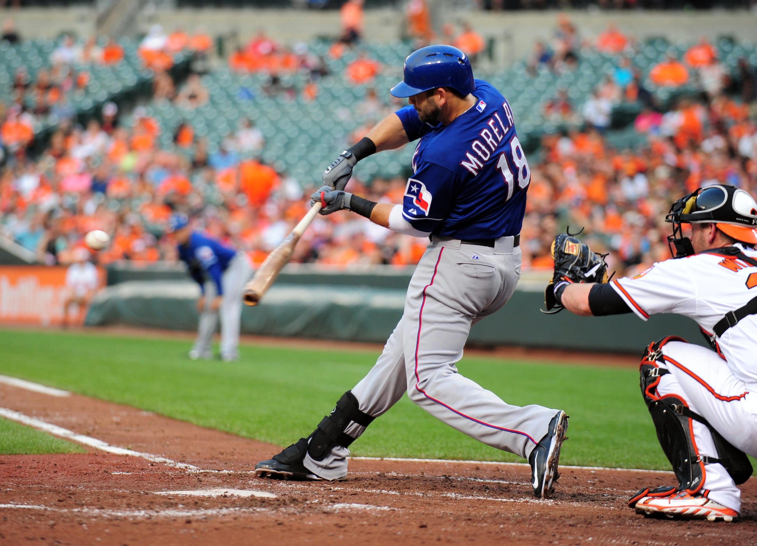 This is a 2015 photo of Mitch Moreland of the Texas Rangers baseball team.  This image reflects the Texas Rangers active roster as of Monday, March 2,  2015, when this image was