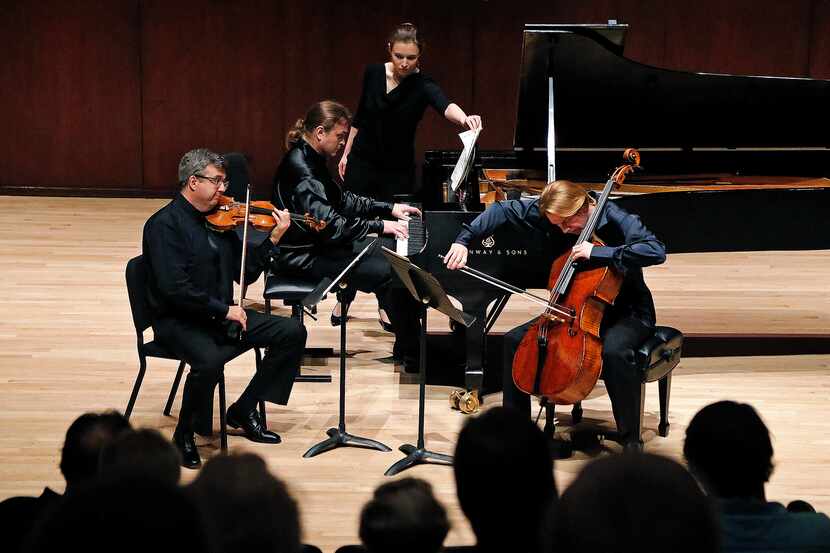 The Hermitage Piano Trio -- violinist Misha Keylin, cellist Sergey Antonov and pianist Ilya...