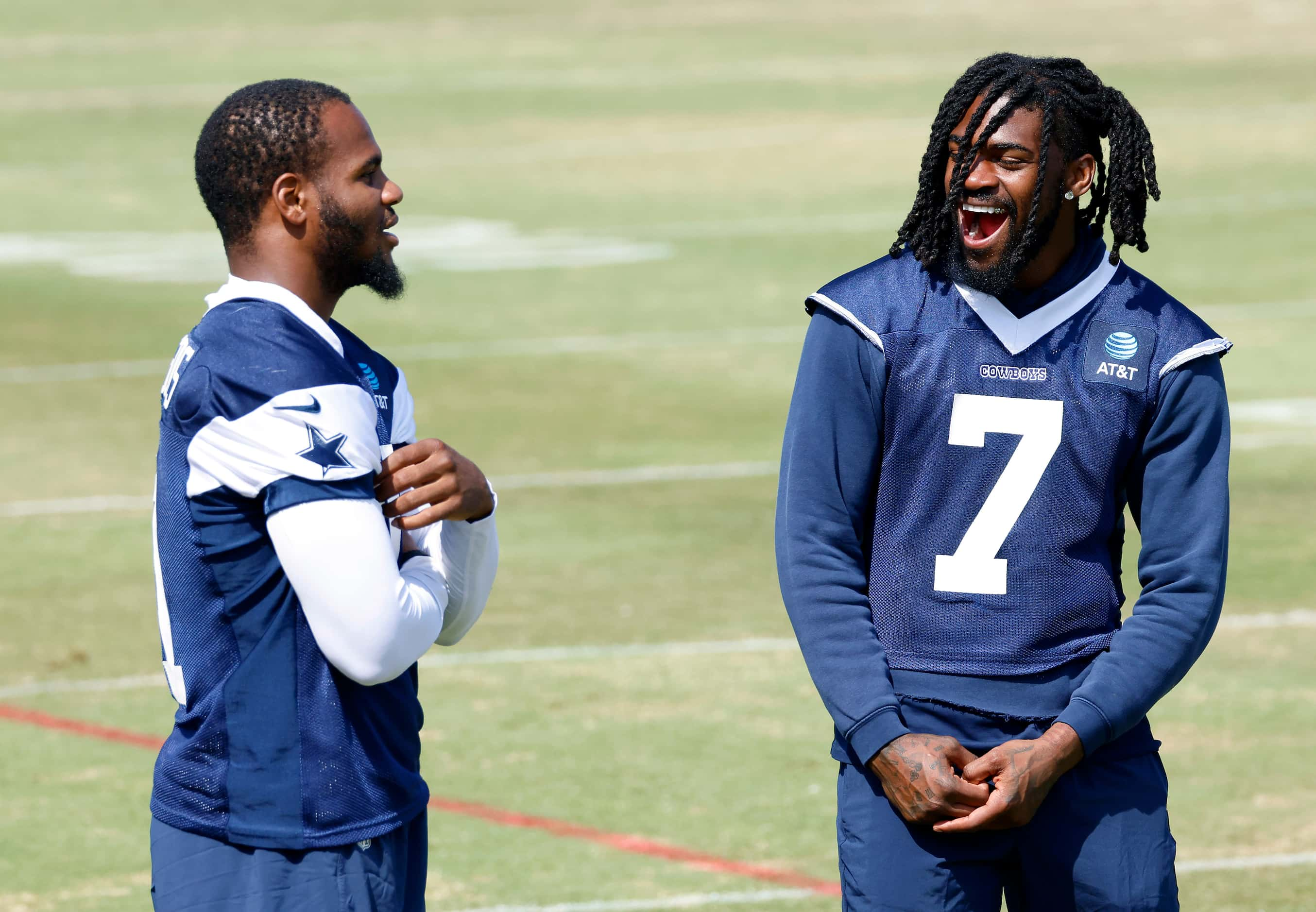 Dallas Cowboys linebacker Micah Parsons (left) and cornerback Trevon Diggs visit on the...