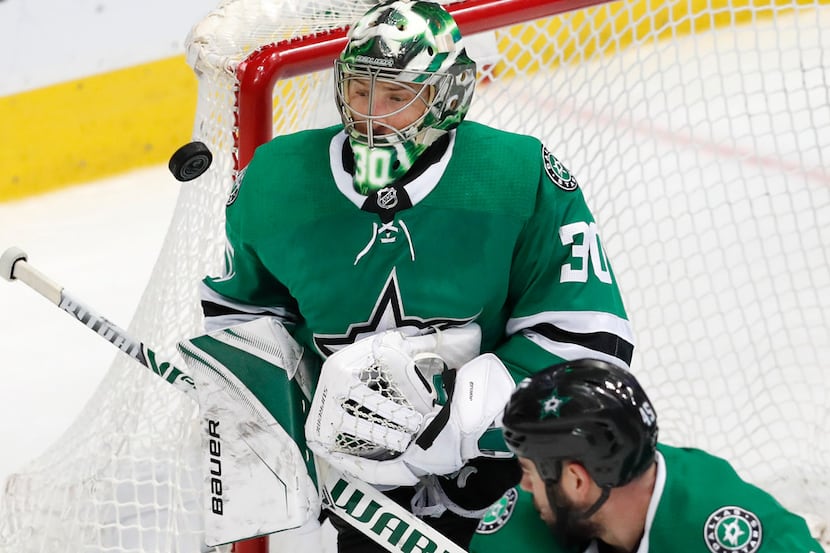 Dallas Stars goaltender Ben Bishop defends the goal during the second period of an NHL...