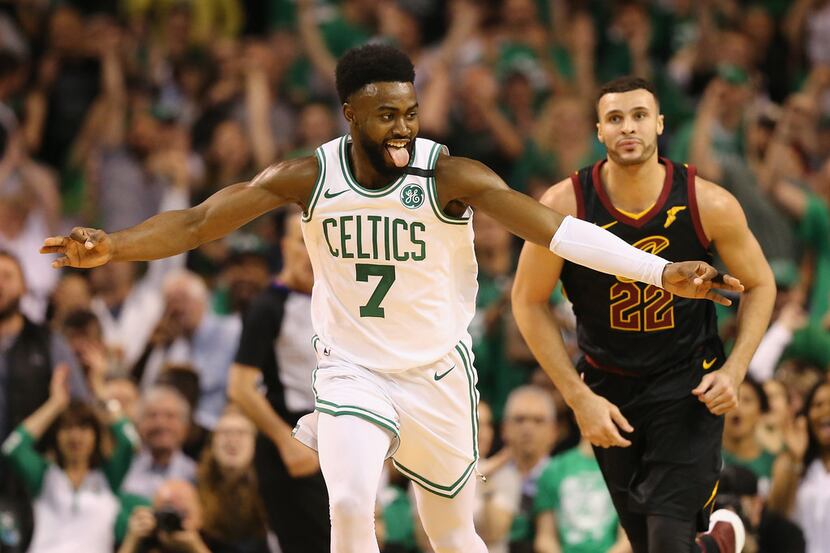 BOSTON, MA - MAY 23:  Jaylen Brown #7 of the Boston Celtics reacts after making a 3-pointer...