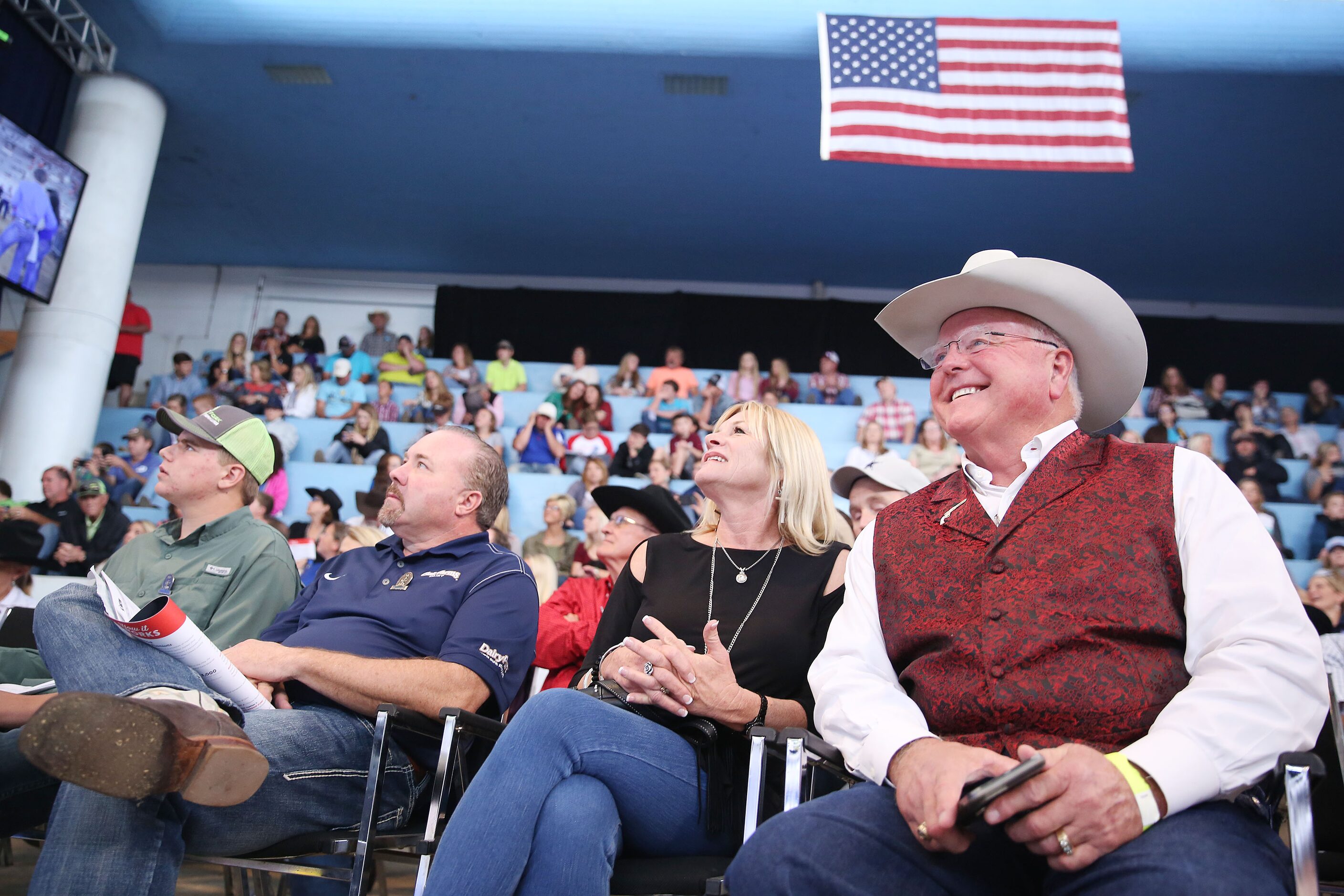 Texas agriculture commissioner Sid Miller (right) watches during the State Fair of Texas...