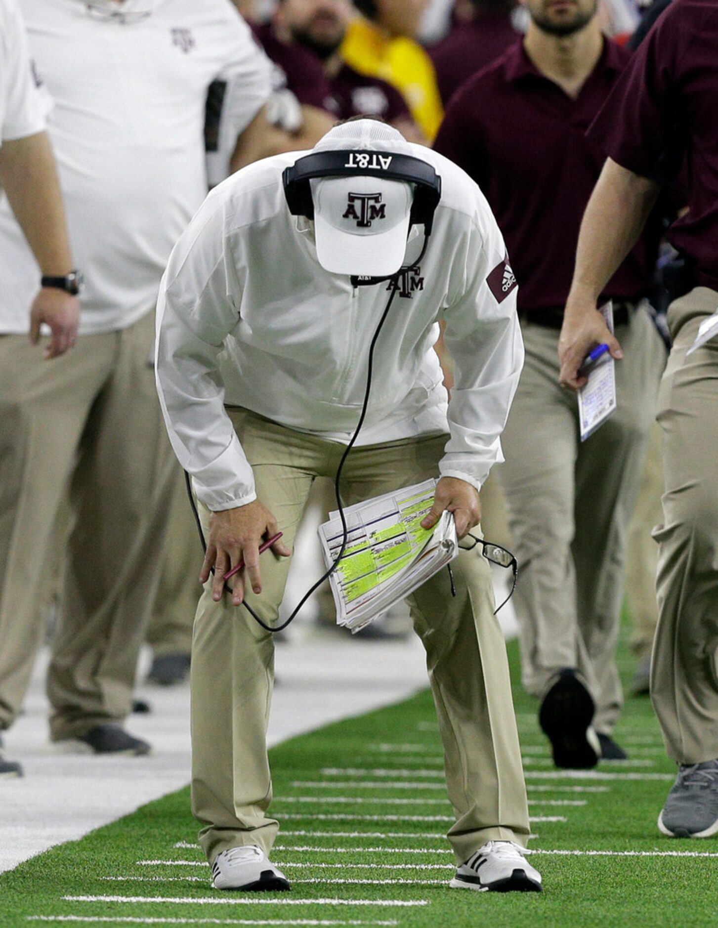 HOUSTON, TEXAS - DECEMBER 27: Head coach Jimbo Fisher of the Texas A&M Aggies reacts after...