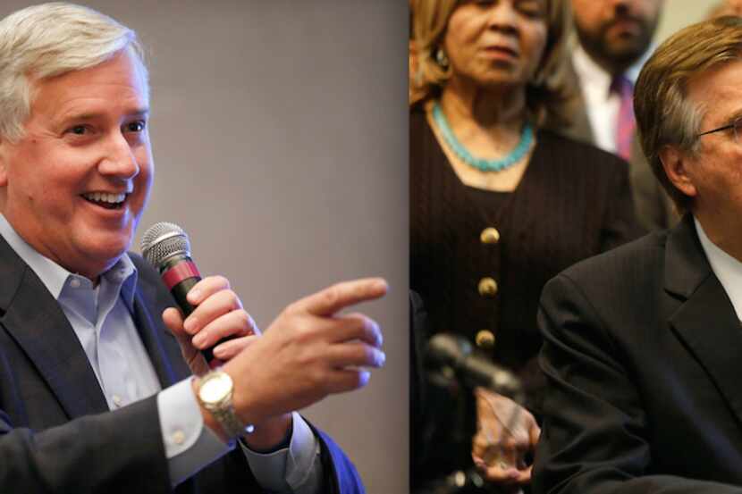 Democratic candidate for Texas Lieutenant Governor Mike Collier (left) addresses the crowd...