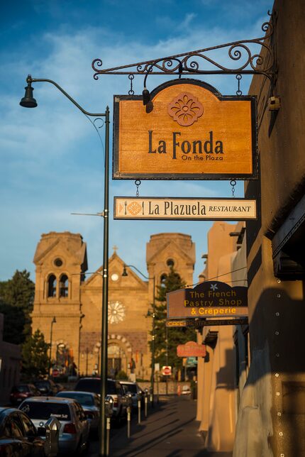 A historic sign welcomes guests to the La Fonda on the Plaza hotel in Santa Fe.