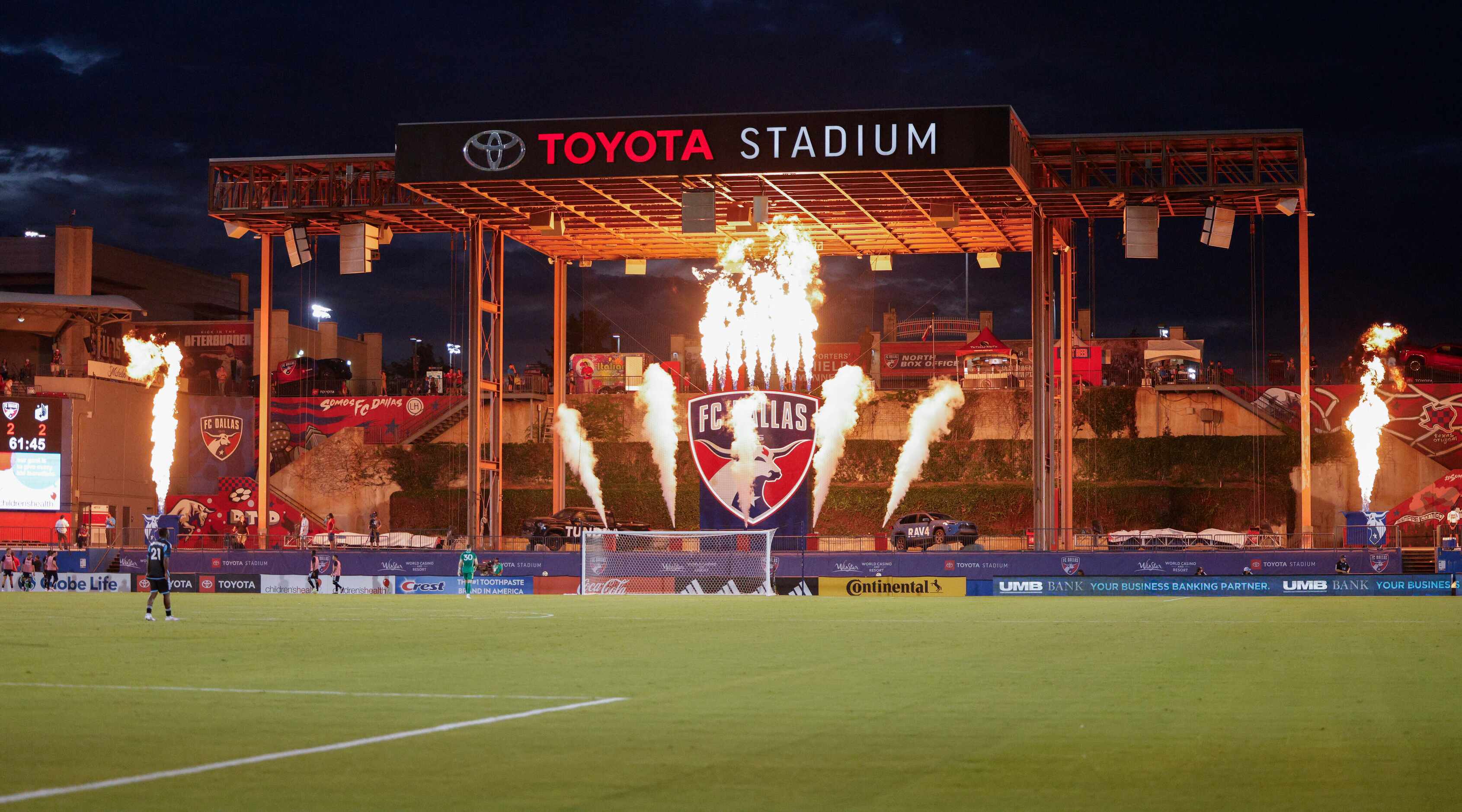 Flames shoot into the air after a goal by FC Dallas forward Petar Musa during the second...