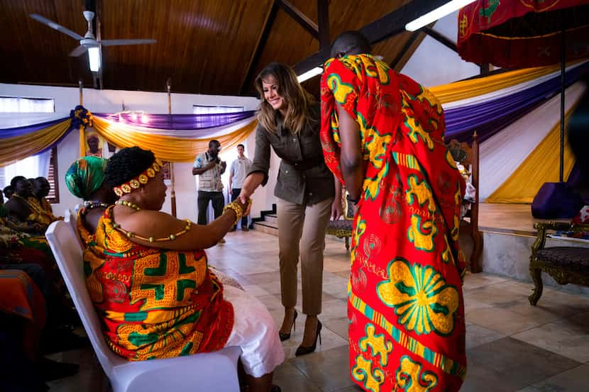 First lady Melania Trump greets dignitaries during a welcome ceremony in the Obama Hall,...