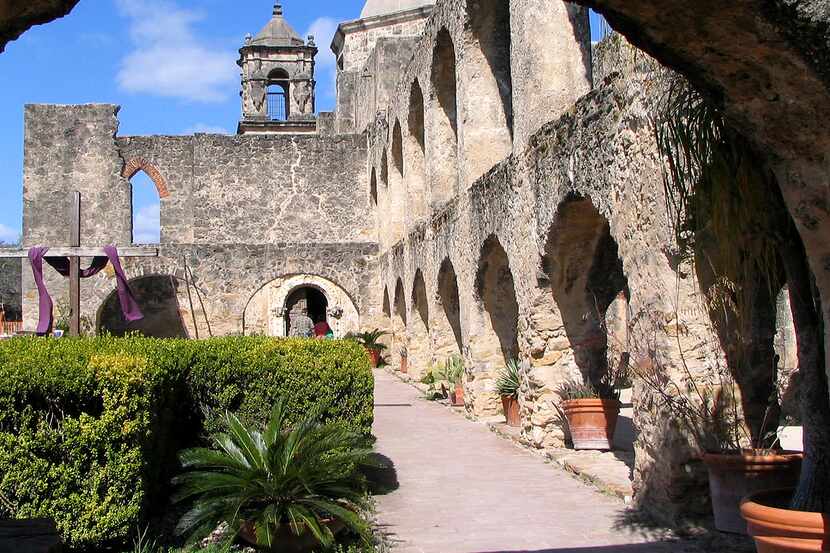 The convento at San Jose Mission is marked by a two stories of graceful stone arches. The...