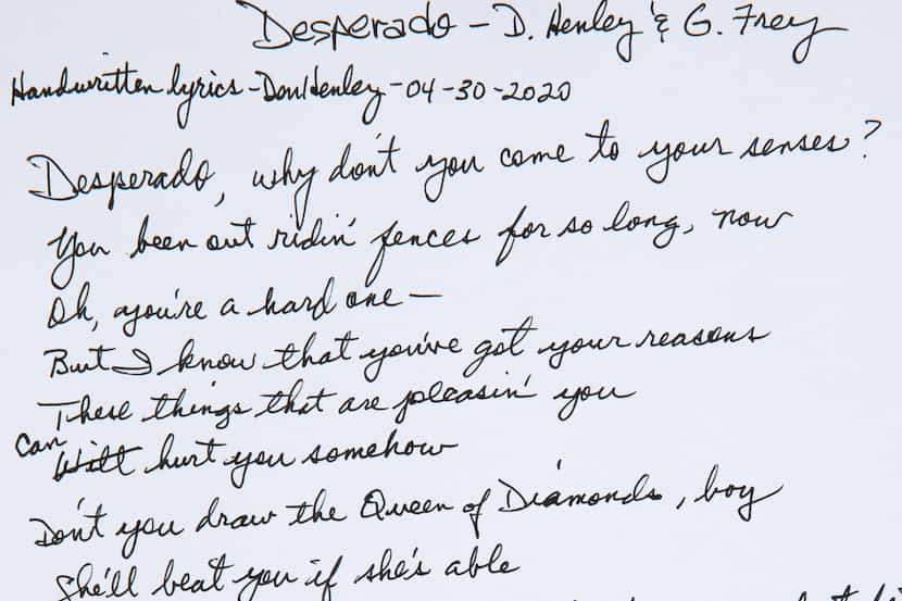 Don Henley and Glenn Frey's handwritten lyrics to the Eagles' "Desperado" sold for $33,600...