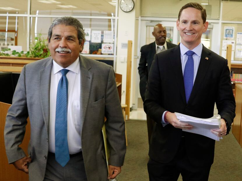 DISD Superintendent Dr. Michael Hinojosa, left, and Dallas County Judge Clay Jenkins arrive...