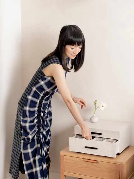 Marie Kondo posed with her jewelry box designed for The Container Store x KonMari collection.