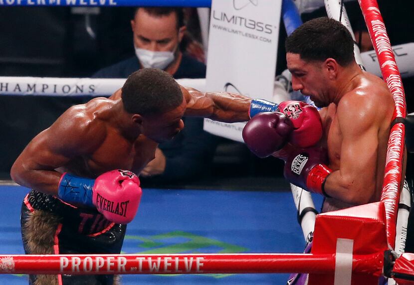 Errol Spence, Jr. fights Danny García during the eighth round of a WBC & IBF World...