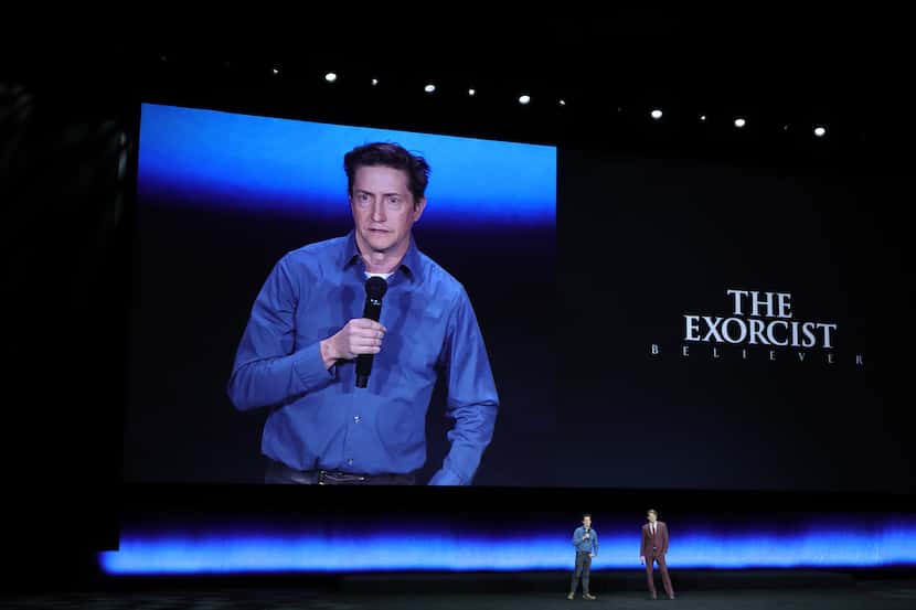 David Gordon Green and Jason Blum speak onstage as they promote the upcoming film "The...
