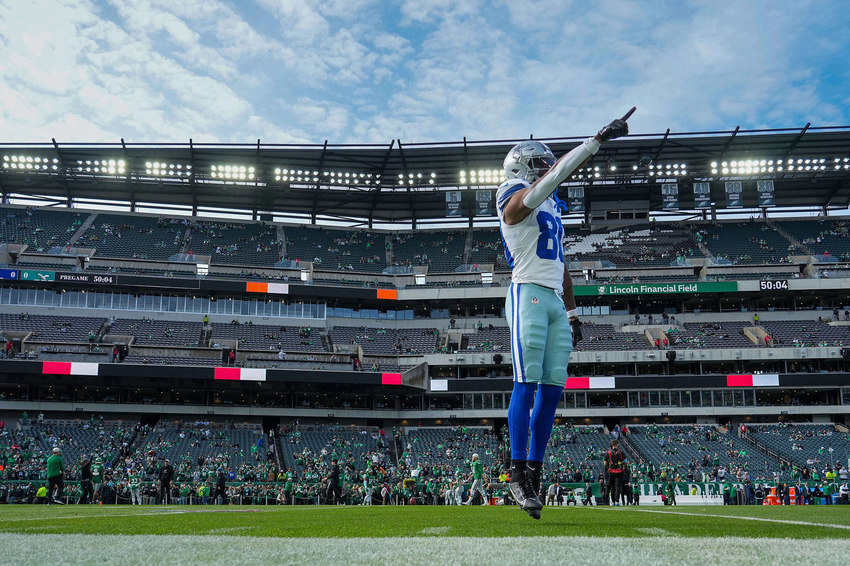 Dallas Cowboys wide receiver Ryan Flournoy (80) takes the field to warm up before an NFL...