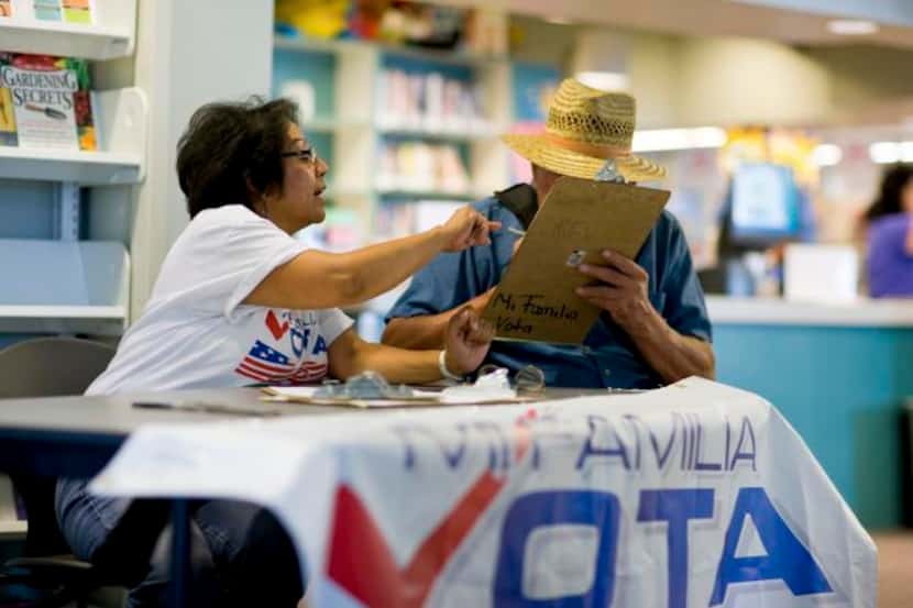 
A volunteer with Mi Familia Vota, which helps Latinos become citizens and register to vote,...