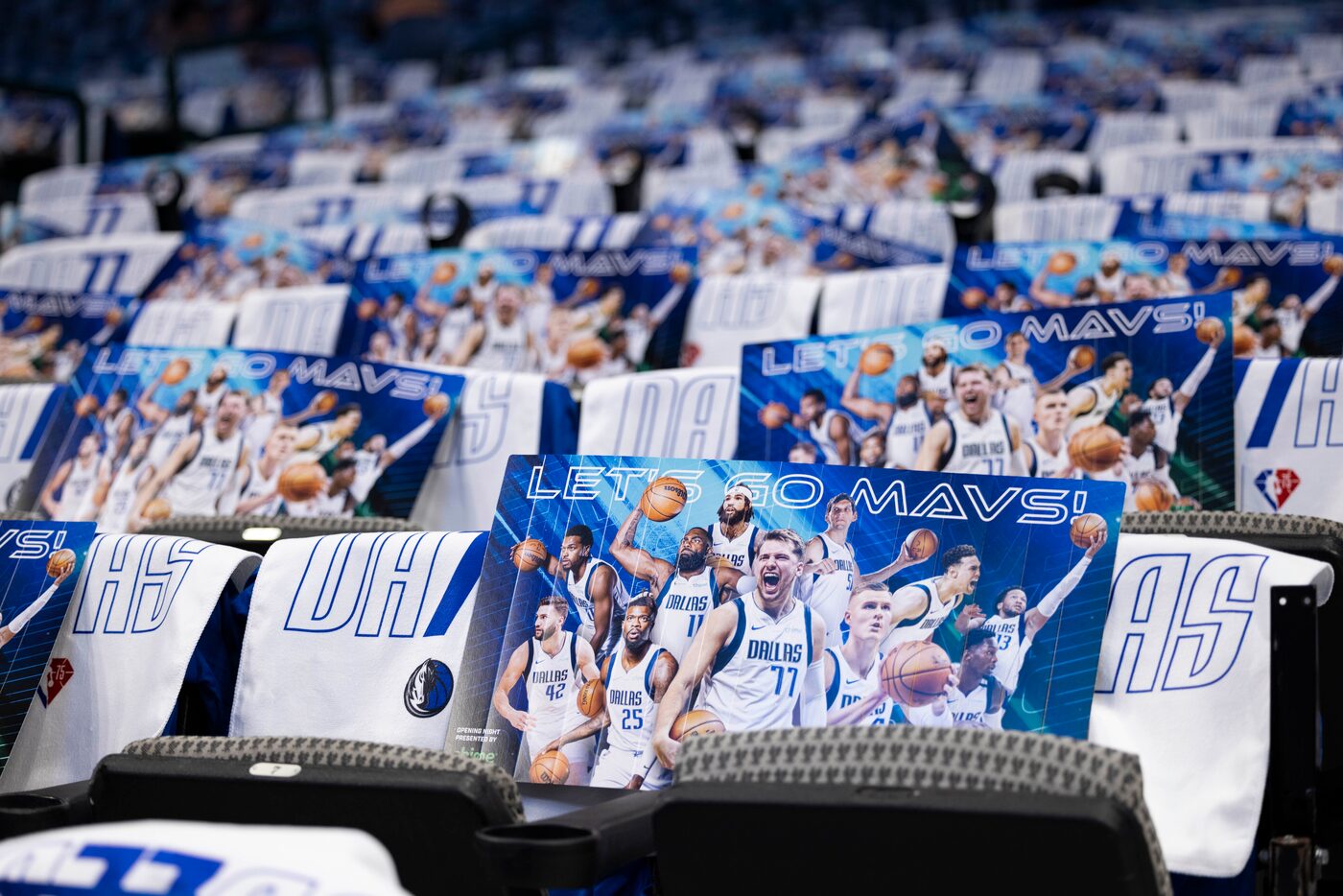 The seats before the Dallas Mavericks home opener against the Houston Rockets on Tuesday,...