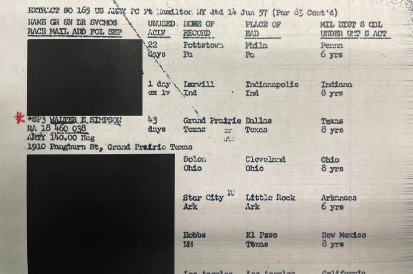 A document from the National Archives provides a Grand Prairie address for Walter E. Simpson.