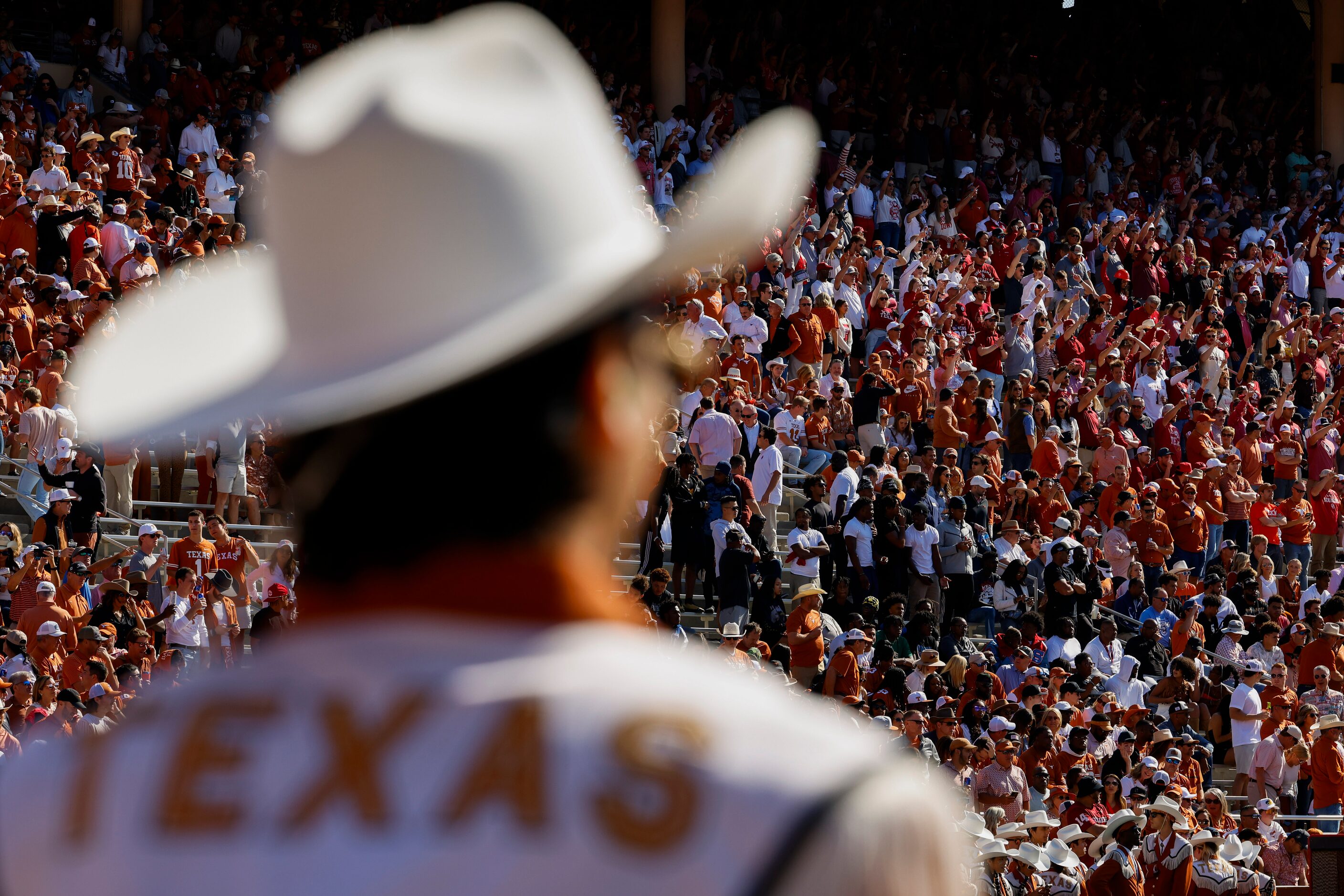 Texas fans gather ahead of the Red River Rivalry at the Cotton Bowl, on Saturday, Oct. 7,...