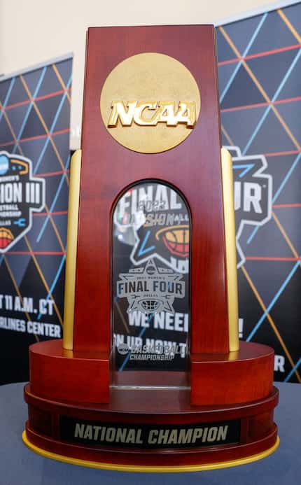 The 2023 NCAA Women’s Division I championship trophy pictured during a press conference for...