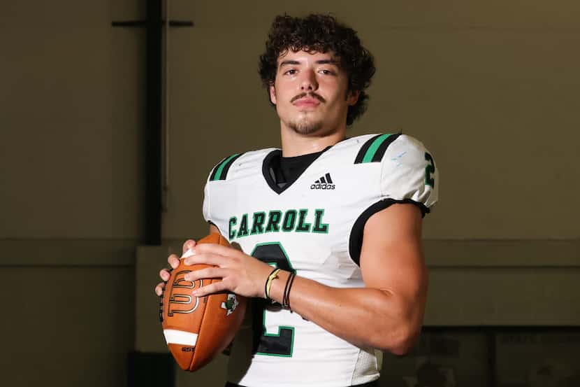 Southlake Carroll rising senior Owen Allen stands in the Dragons’ indoor practice facility...