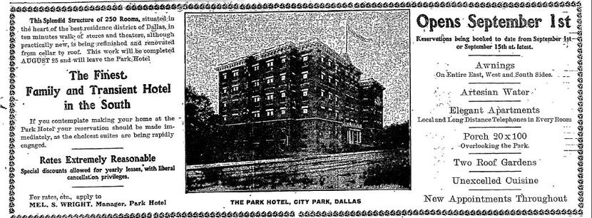 An advertisement from 1907 publicizing recent renovations to the Park Hotel.