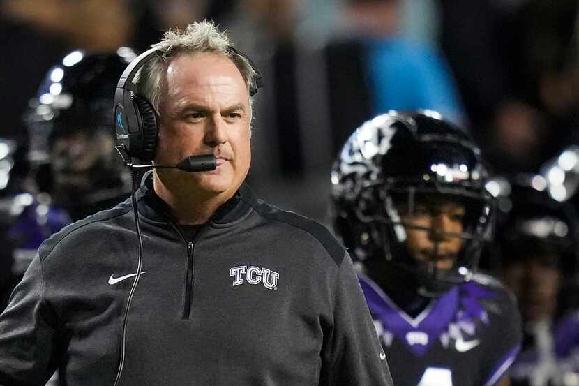 TCU head coach Sonny Dykes watches from the sidelines during the first half an NCAA football...