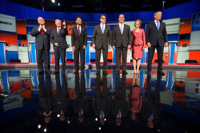 Republican presidential candidates from left, Jim Gilmore, Lindsey Graham, Bobby Jindal,...