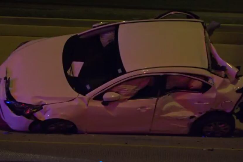 One of the cars that crashed early Sunday on U.S. Highway 75 in Dallas.