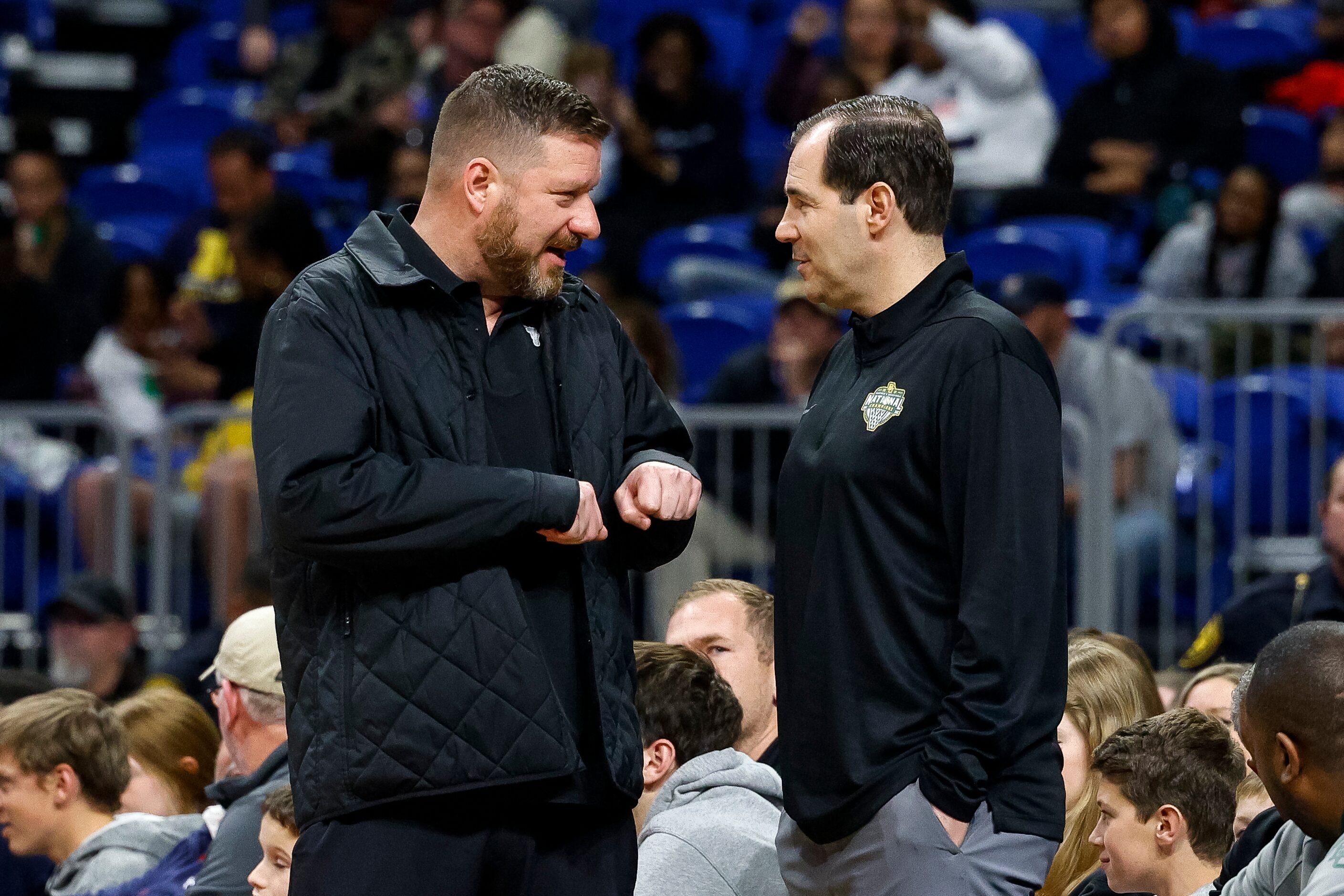 Texas men’s basketball head coach Chris Beard (left) talks with Baylor men’s basketball head...