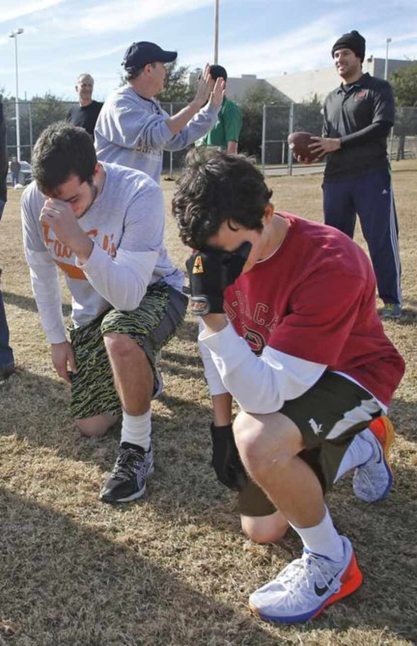 
Cousins Jake Meyers (left) and Logan Meyers hit their Tebow poses while getting ready for...