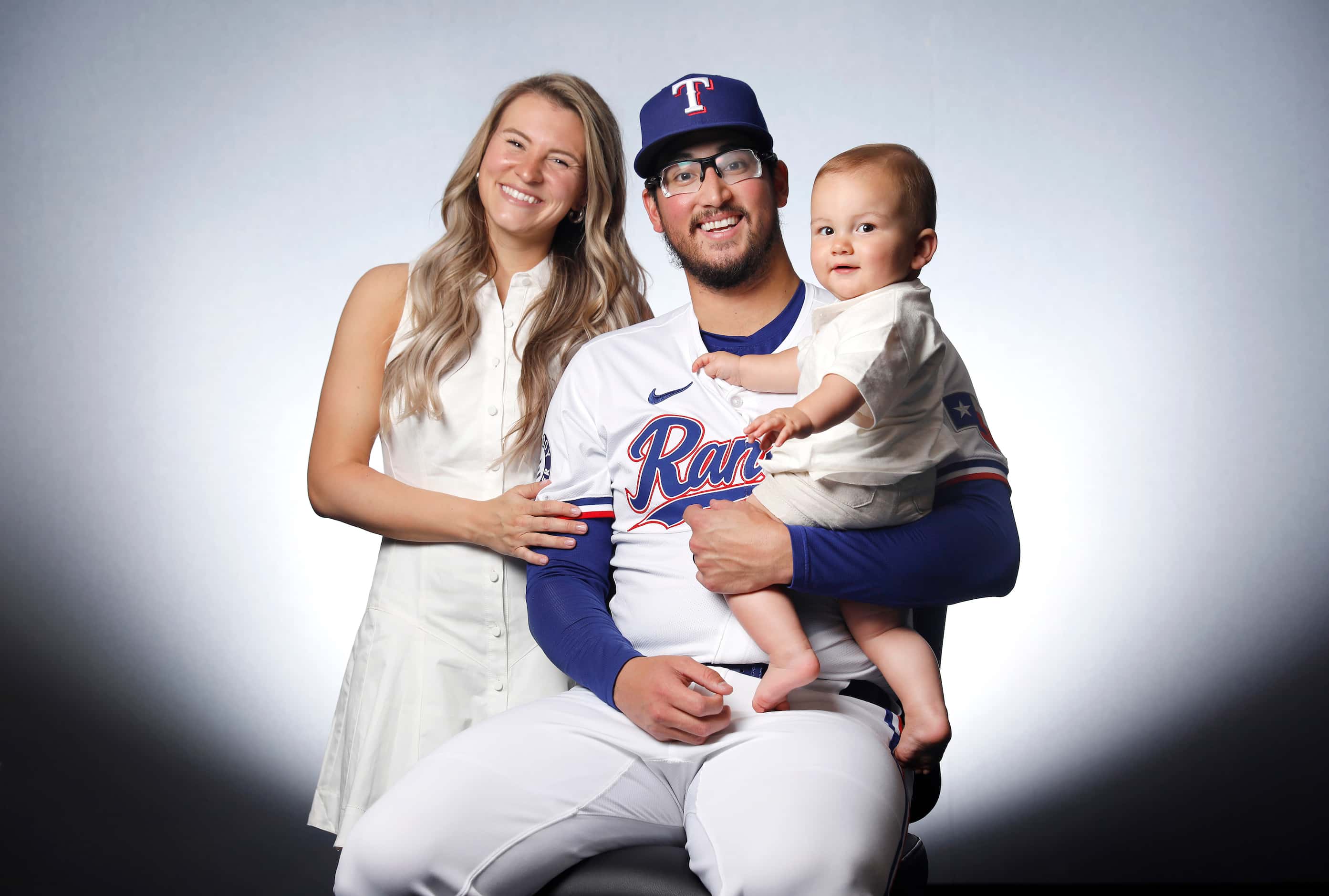 Texas Rangers Dane Dunning and his wife Rachel and son Mack at Globe Life Field in...