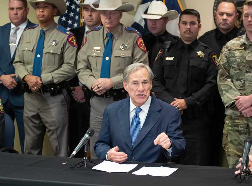 Texas Governor Greg Abbott addresses the media during a May 27, 2021 press conference at the...