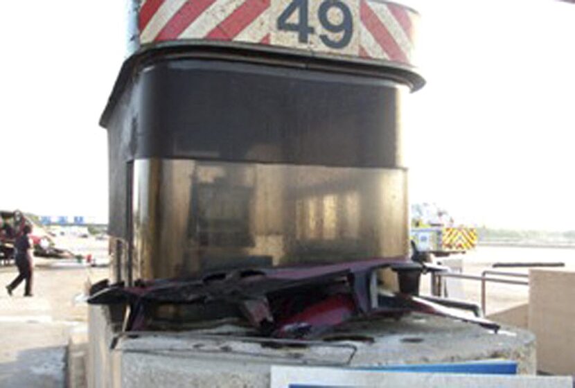 Debris sits on a DFW Airport toll booth after a speeding car driven by Yasmine Villasana...