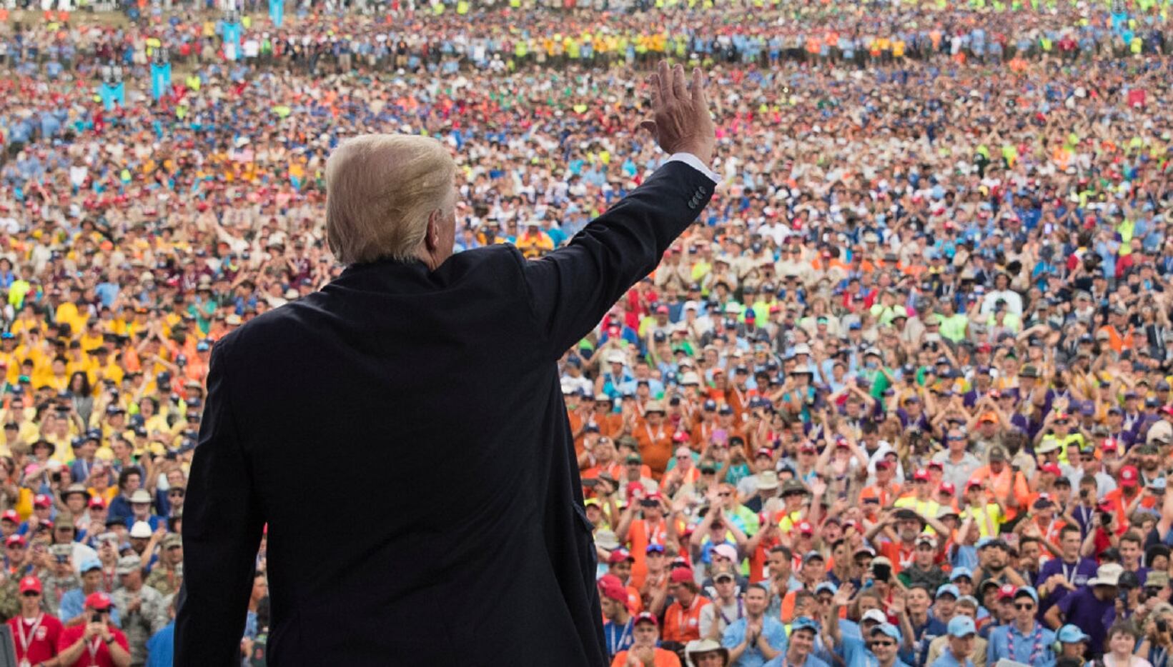 President Donald Trump waves to the crowd after speaking at the 2017 National Scout Jamboree...