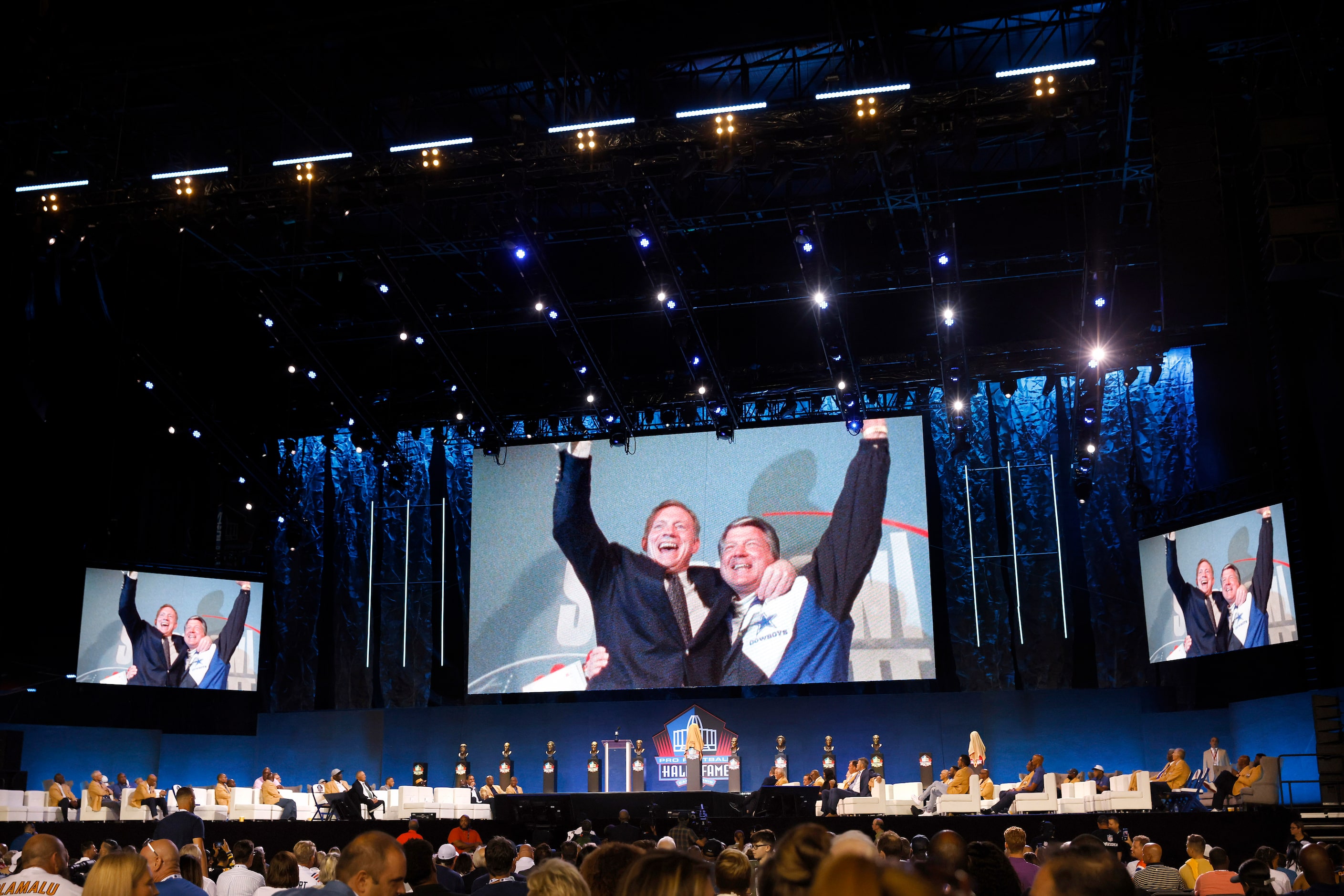 Photos of Pro Football Hall of Fame inductee Jimmy Johnson of the Dallas Cowboys (right) and...