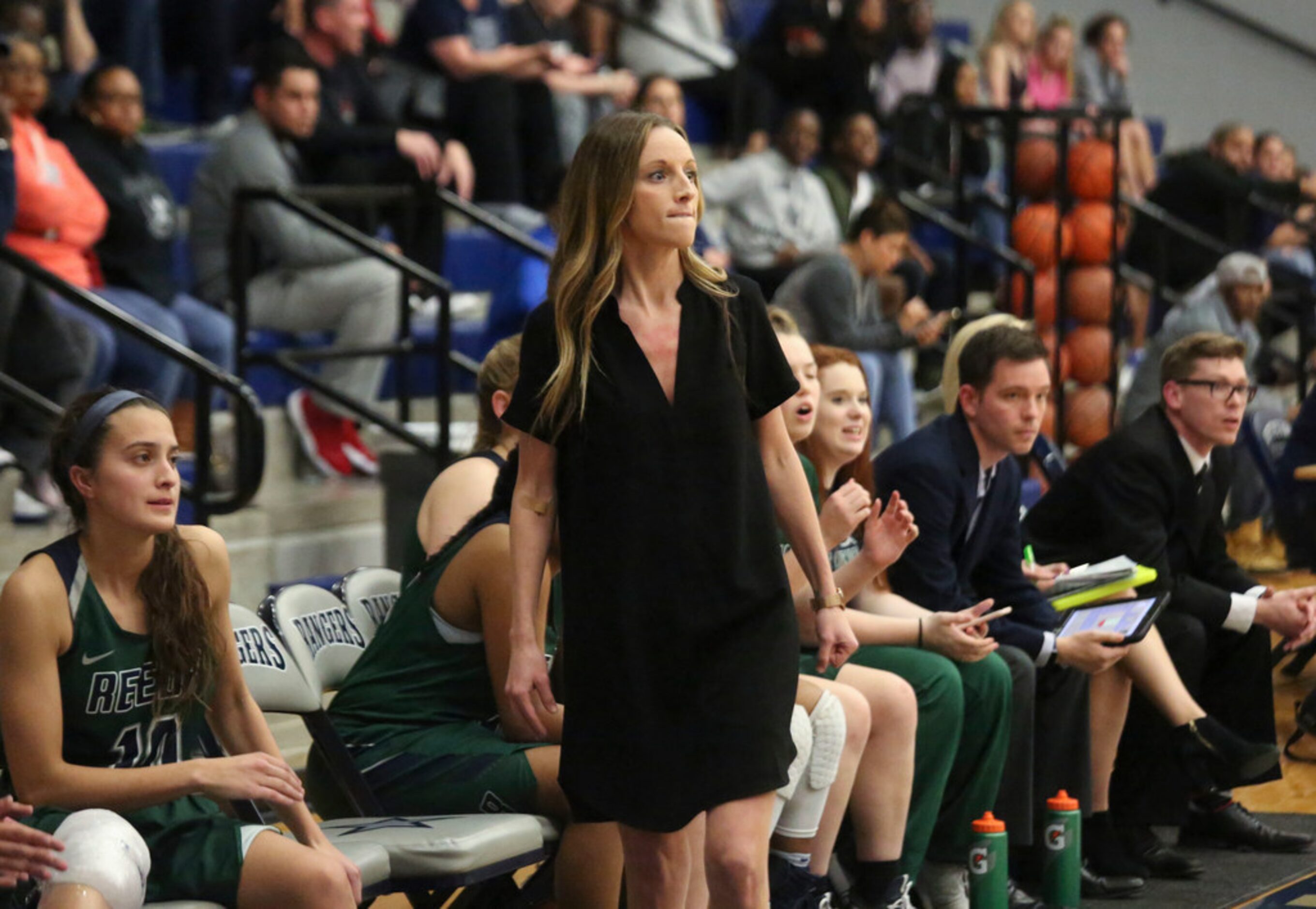 Frisco Reedy's varsity coach Sarah Stanley reacts to a play during District 13-5A girls...