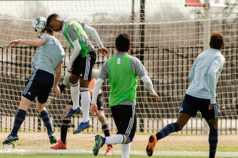 Dante Sealy goes up for a header in in the box against Swope Park Rangers. (2-13-19)
