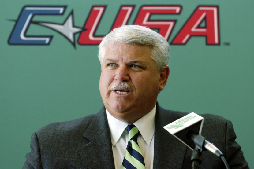 North Texas director of athletics Rick Villarreal speaks during a news conference announcing...