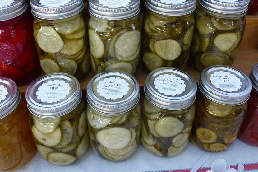 Many of the pickles, pickled veggies, jams and jellies from Designs by Diana at Farmers...