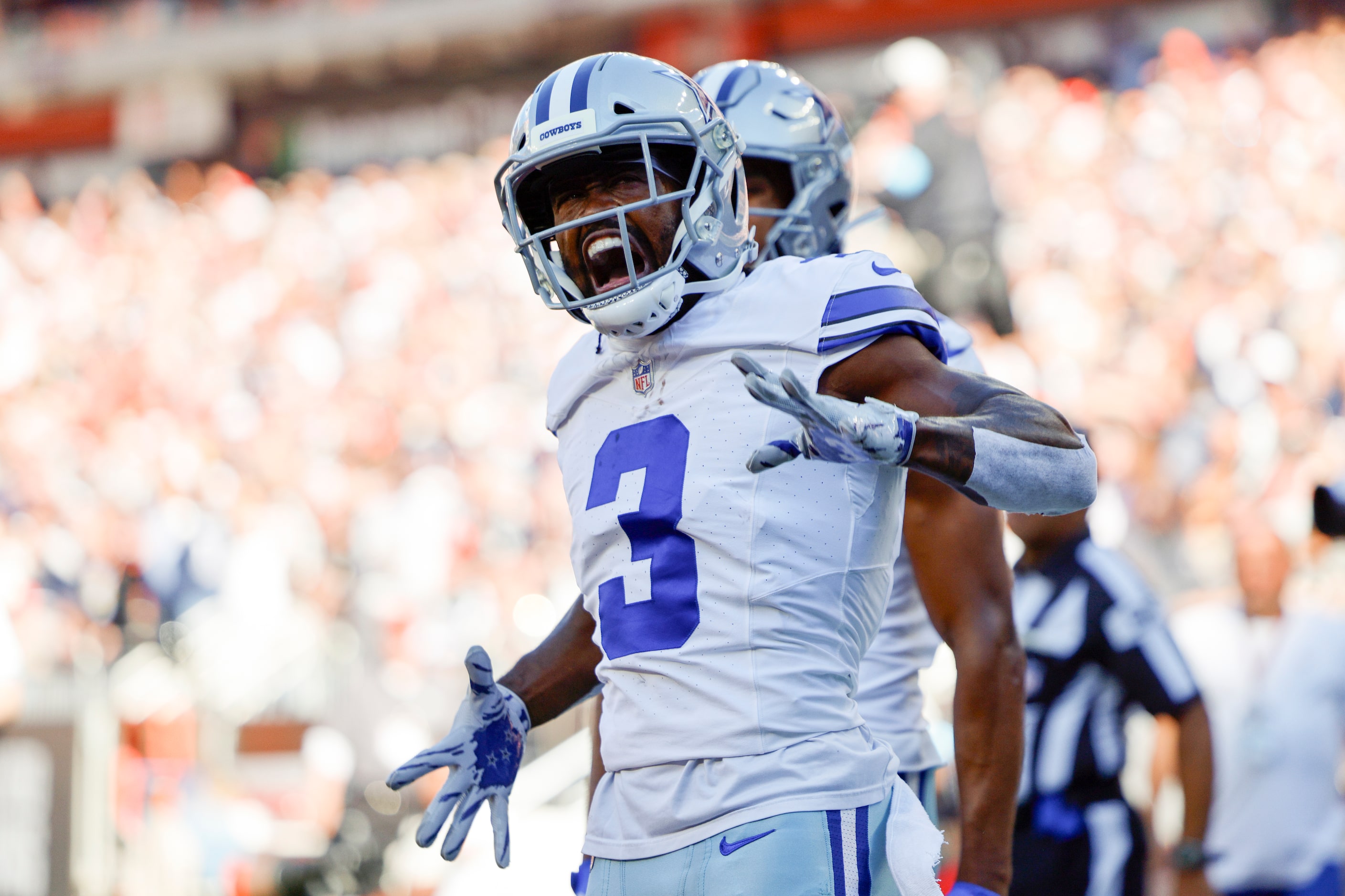 Dallas Cowboys wide receiver Brandin Cooks (3) celebrates after scoring a touchdown during...