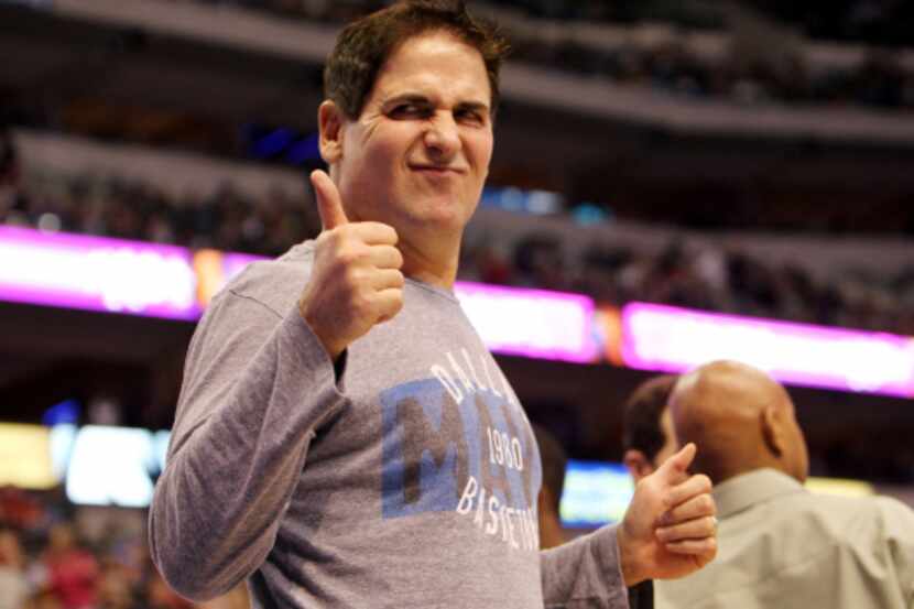 Mark Cuban reacts to a play in the first period as the Dallas Mavericks play the Miami Heat...