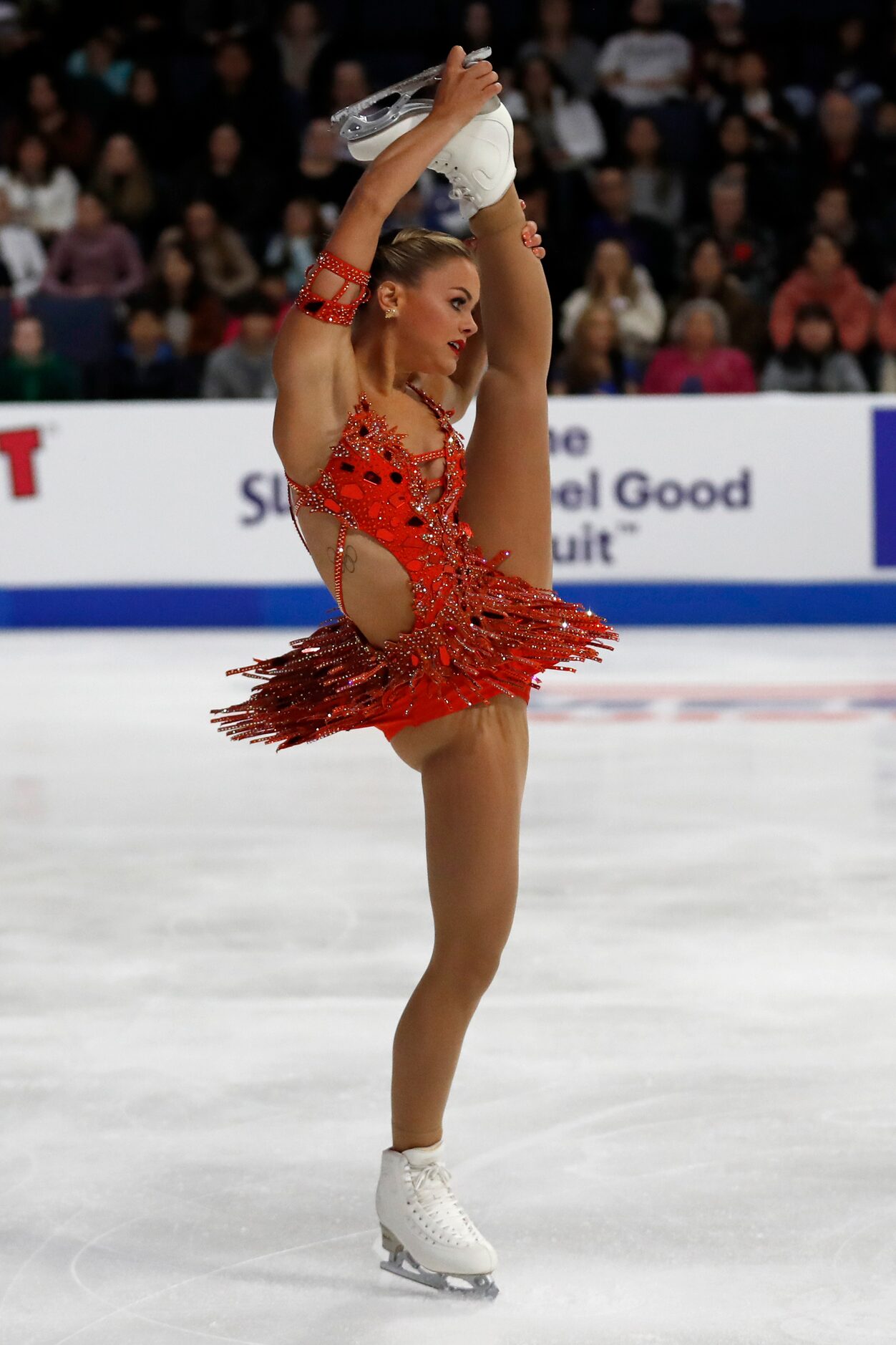 Loena Hendrickx, of Belgium, competes in the women's short program during the Skate America...