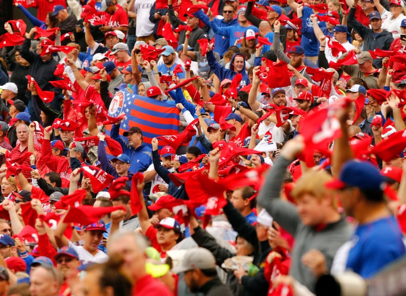 Rangers fans waved their red towels as the Rangers and Toronto Blue Jays took the field for...