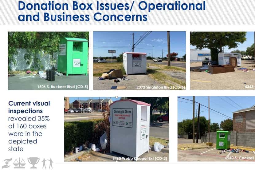 A slide from a city of Dallas presentation shows donation boxes littered with trash.