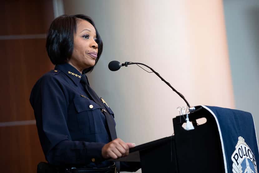 Chief of Police Reneé Hall speaks about last night's arrests at a Margaret Hunt Hill Bridge...
