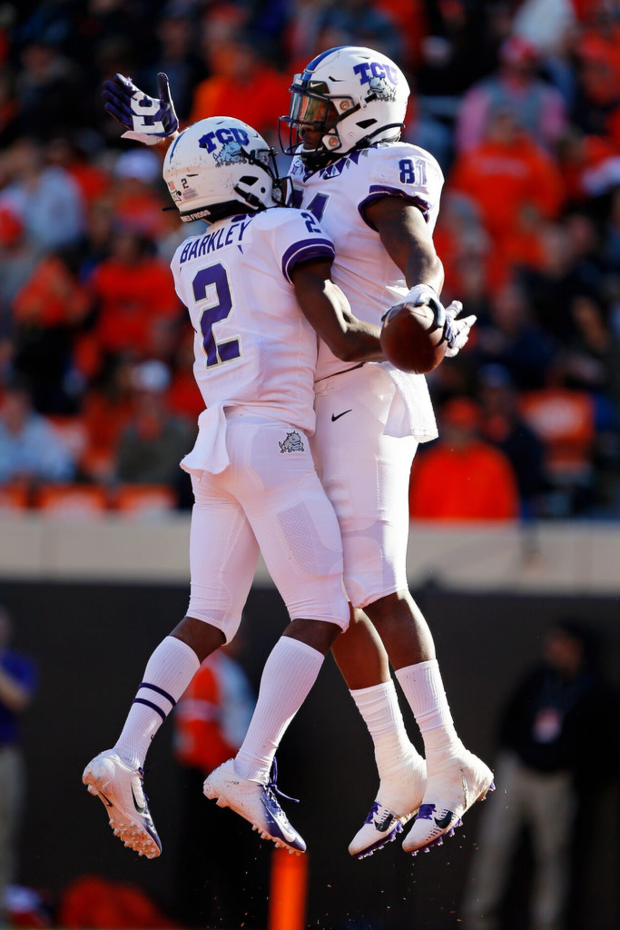 STILLWATER, OK - NOVEMBER 2:  Wide receiver Mikel Barkley #2 celebrates  a touchdown catch...