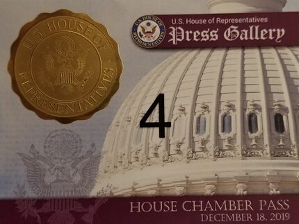 Todd Gillman's ticket for the House Press Gallery during the impeachment of President Donald...